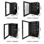 4 Watch winders with dimensions and slot capacities on a white background