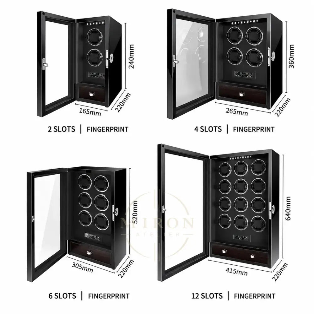 4 Watch winders with dimensions and slot capacities on a white background