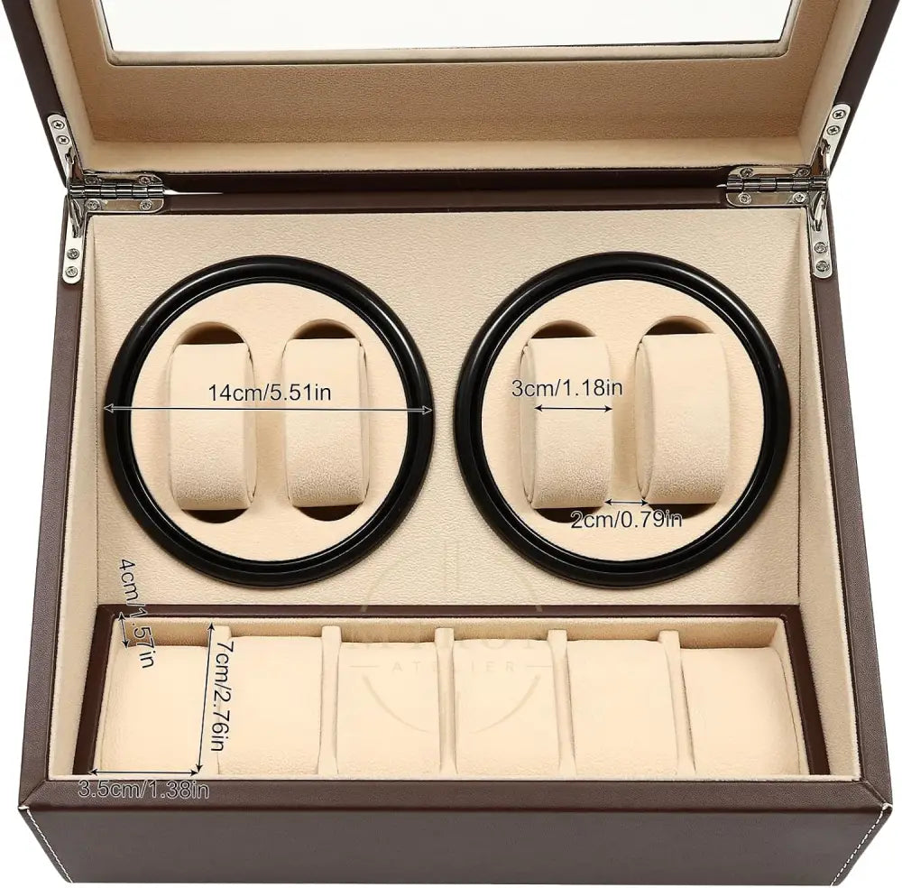 Watch winder box with dimensions labeled on a white background