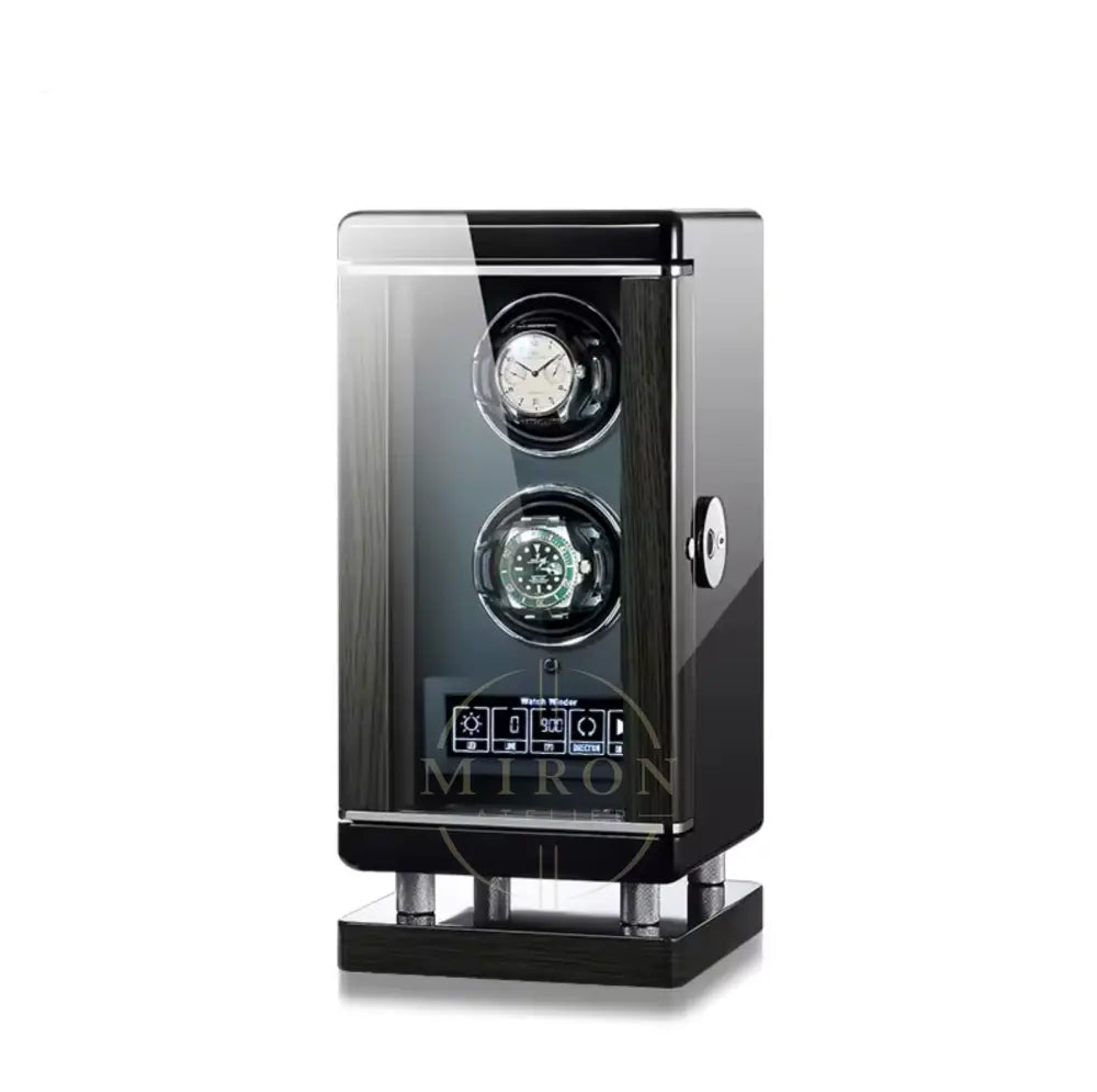 Luxury Watch winder with two luxury watches inside. Miron Atelier brand