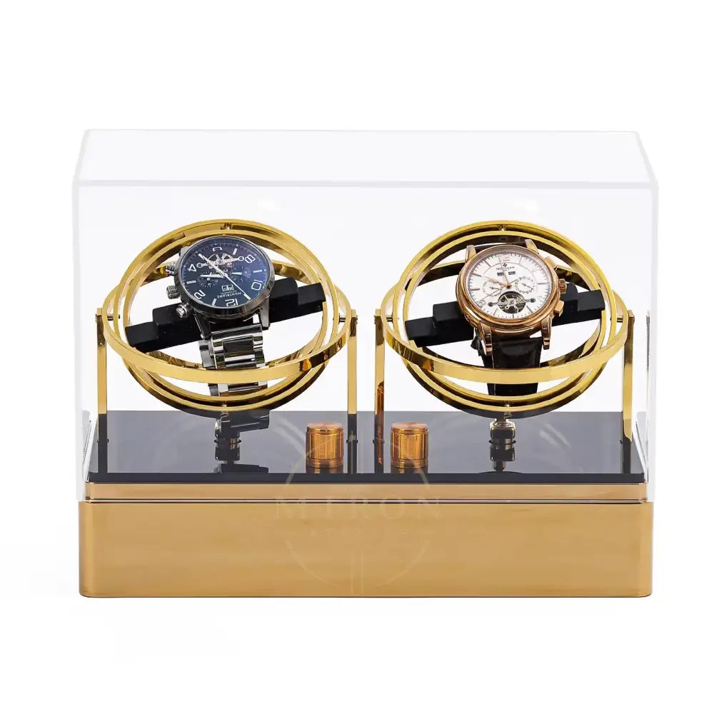 Two watches : Mont Blanc and Patek Philippe in gold cases Watch Winder Orbital, on a clear display stand with a white background.