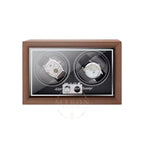 Wooden watch winder box with two watches rotating inside