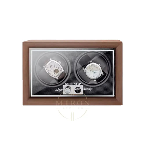 Wooden watch winder box with two watches rotating inside