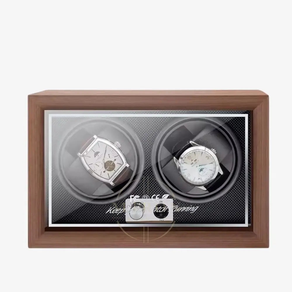 Wooden watch winder with two luxury watches inside on a white background