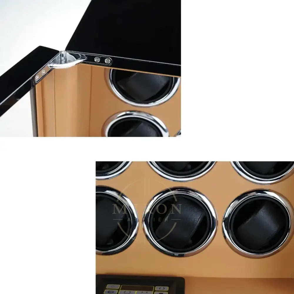 Close-up of a wooden watch winder cabinet with black knobs on a white background