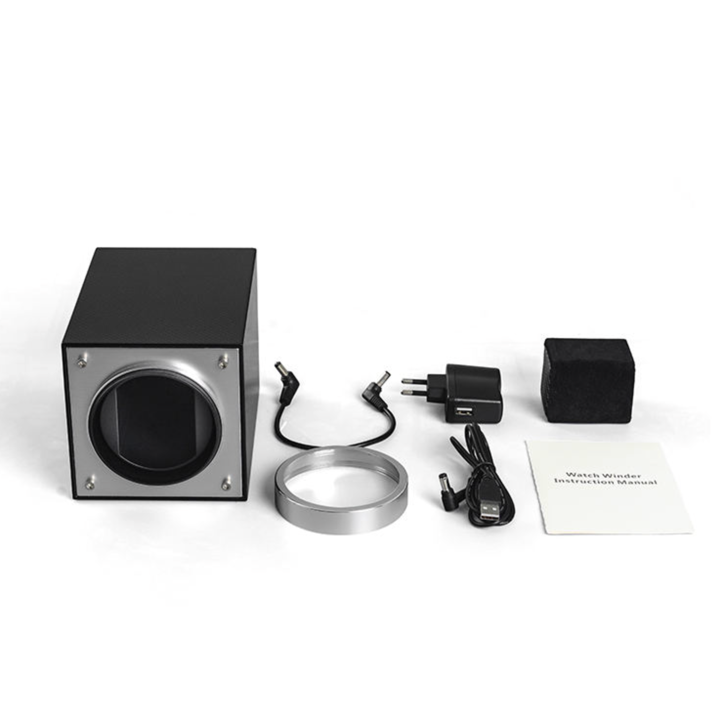Collection of electronic components and accessories of watch winder on a white background