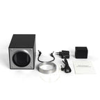 Collection of electronic components and accessories of watch winder on a white background