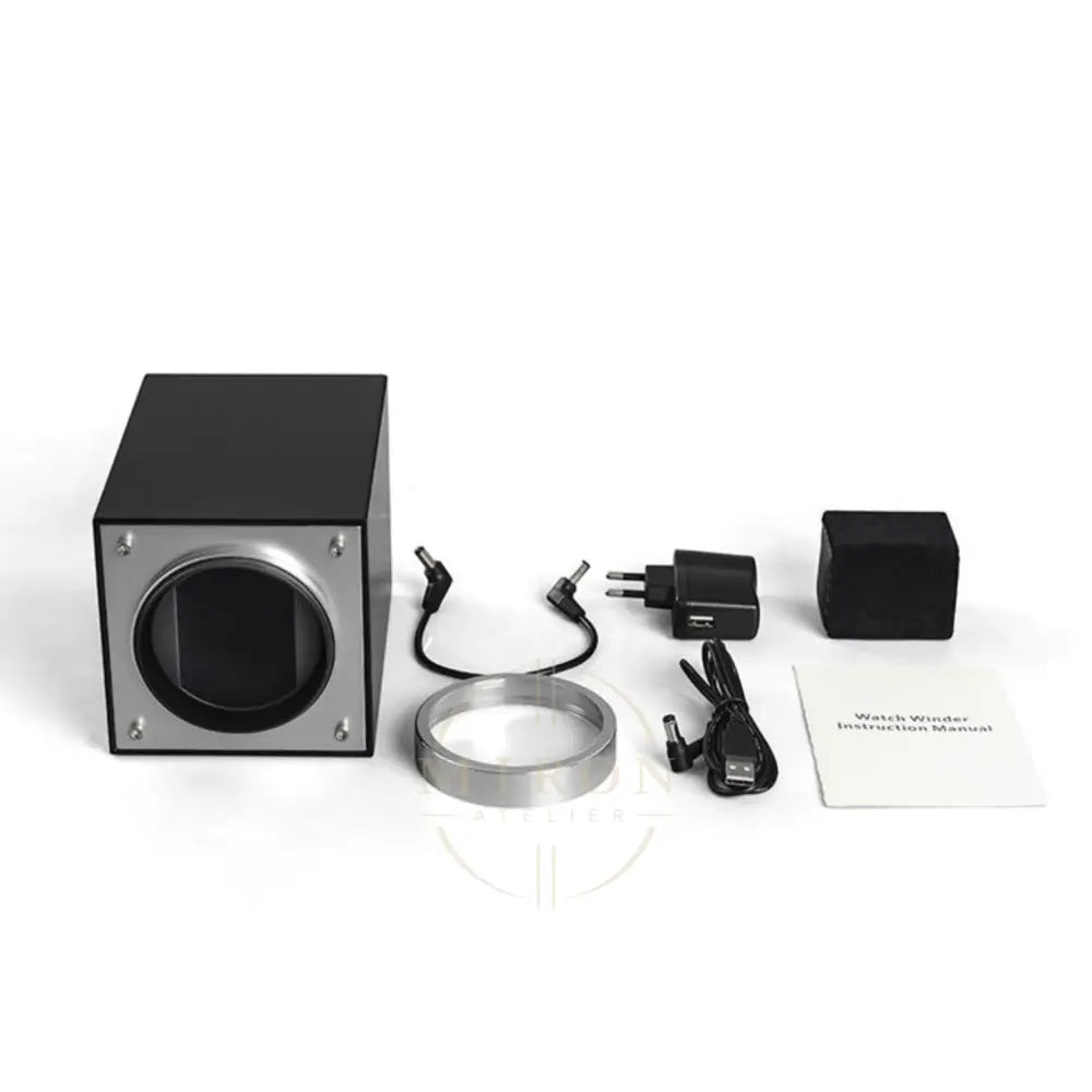 Collection of electronic components and accessories of watch winder on a white background
