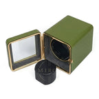 Green auto watch winder box with mirror and black interior