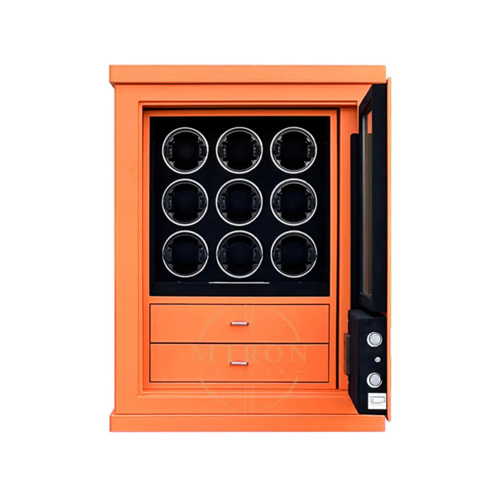 Orange watch winder with black interior containing nine watches on a white background