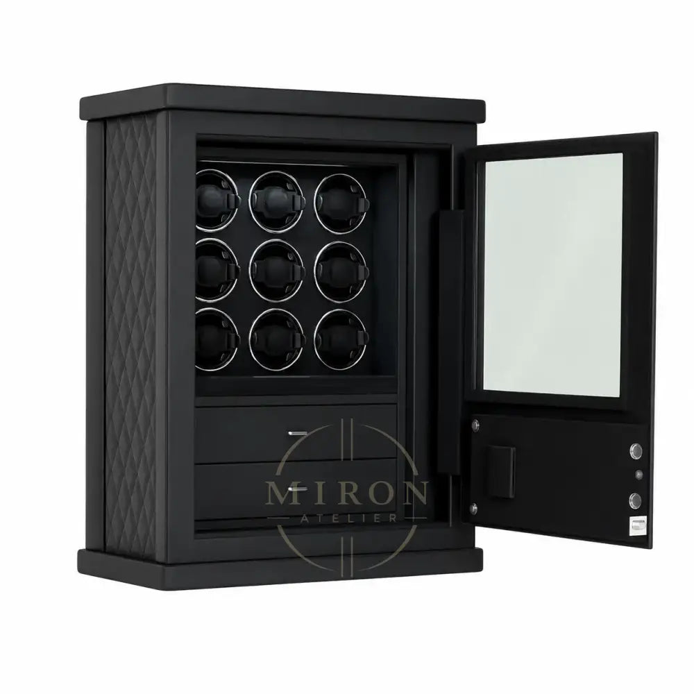 Black watch winder with open door on a white background