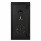 Black safe door with a silver handle on a white background