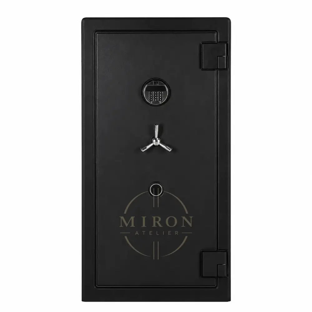 Black safe door with a silver handle on a white background