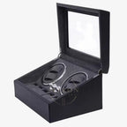 Black watch winder box, side view.