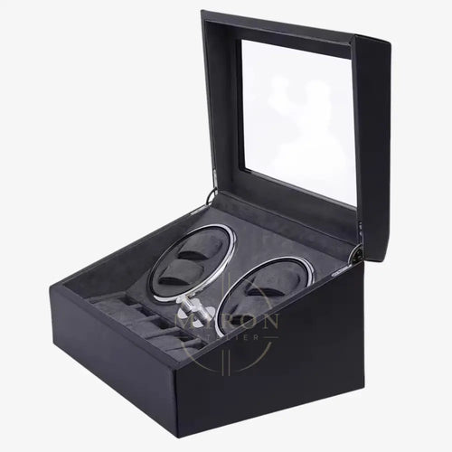 Black watch winder box, side view.