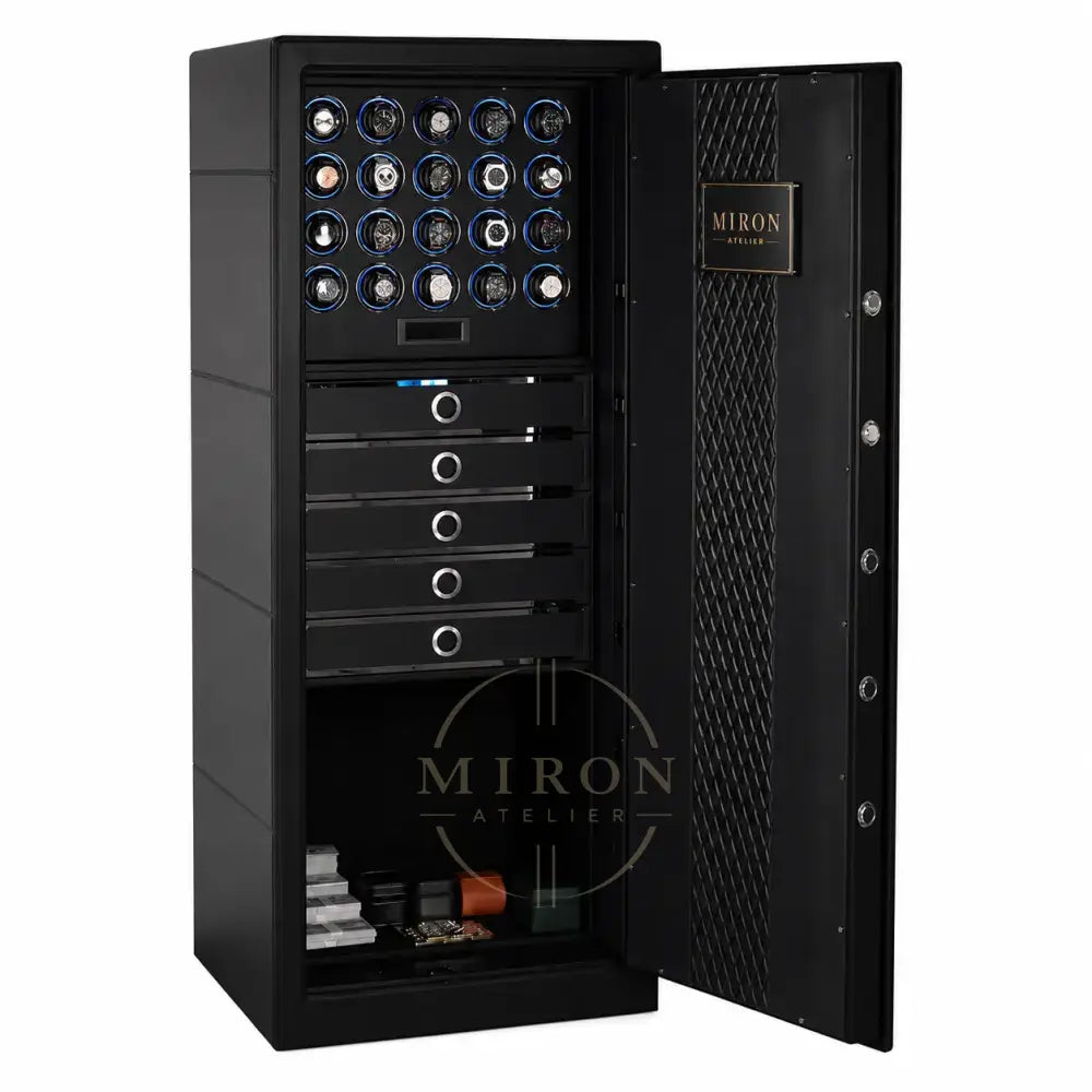 Black safe watch winder with open door displaying various items, branded 'MIRON'.