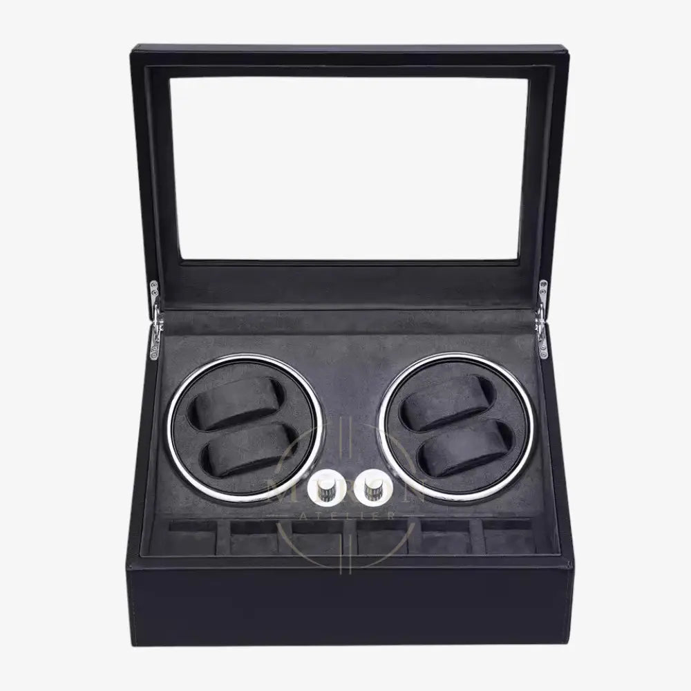 Black watch winder box with two rotating compartments on a white background