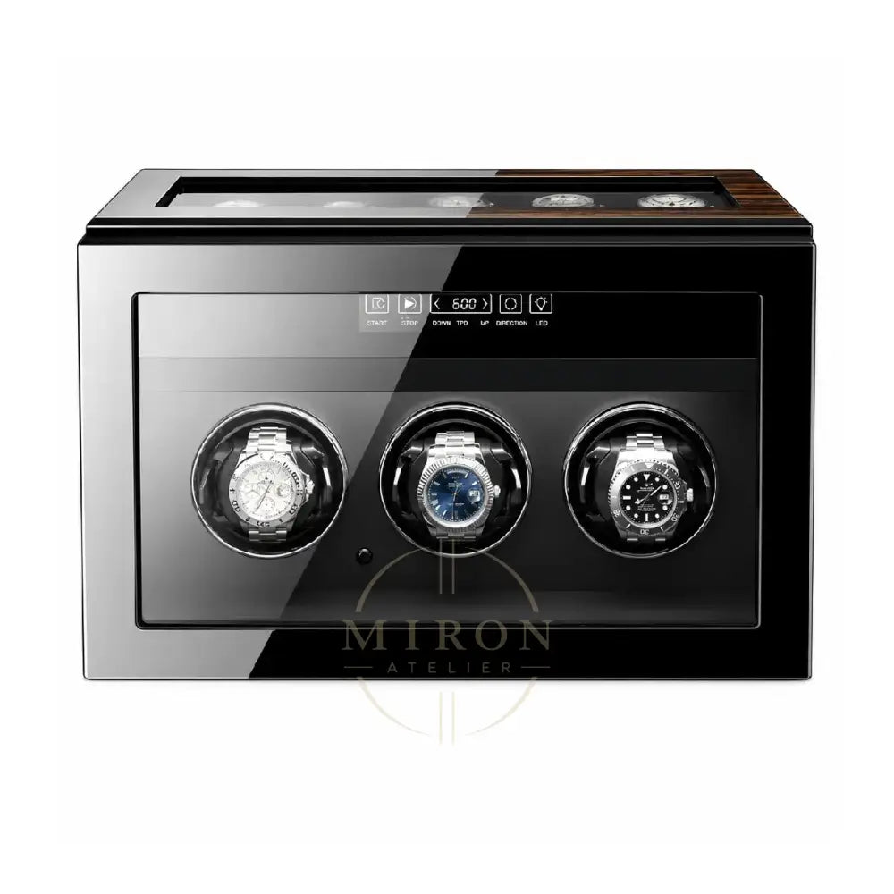 Three-watch winder with digital display on a white background