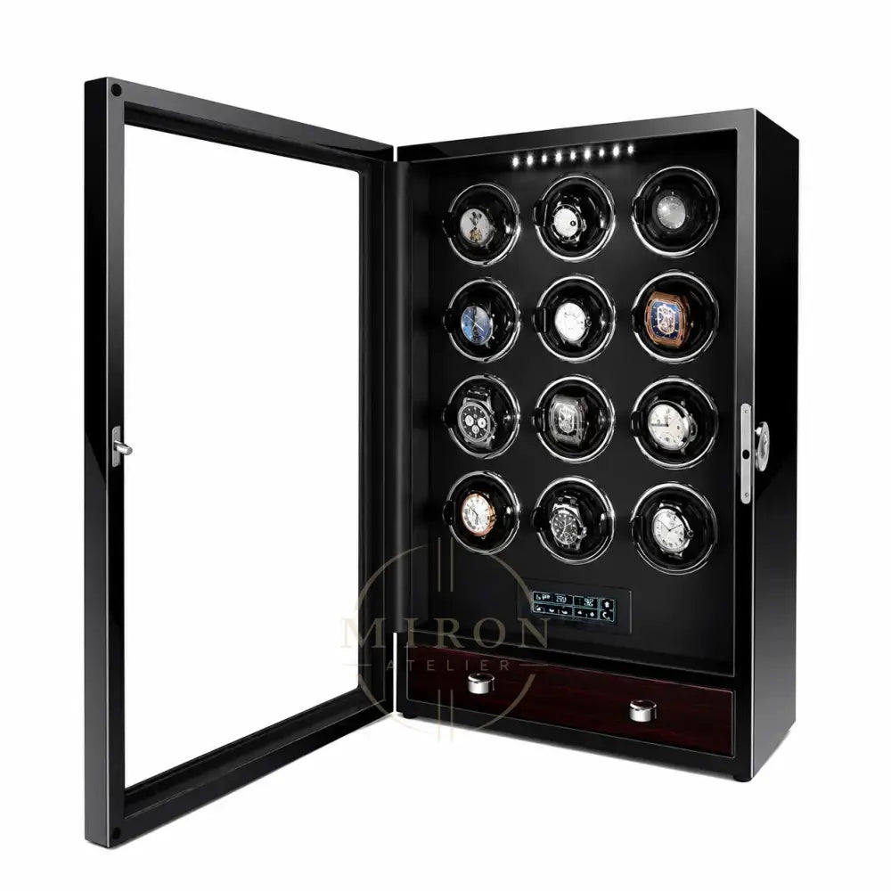 Black watch winder with open door displaying watches on a white background