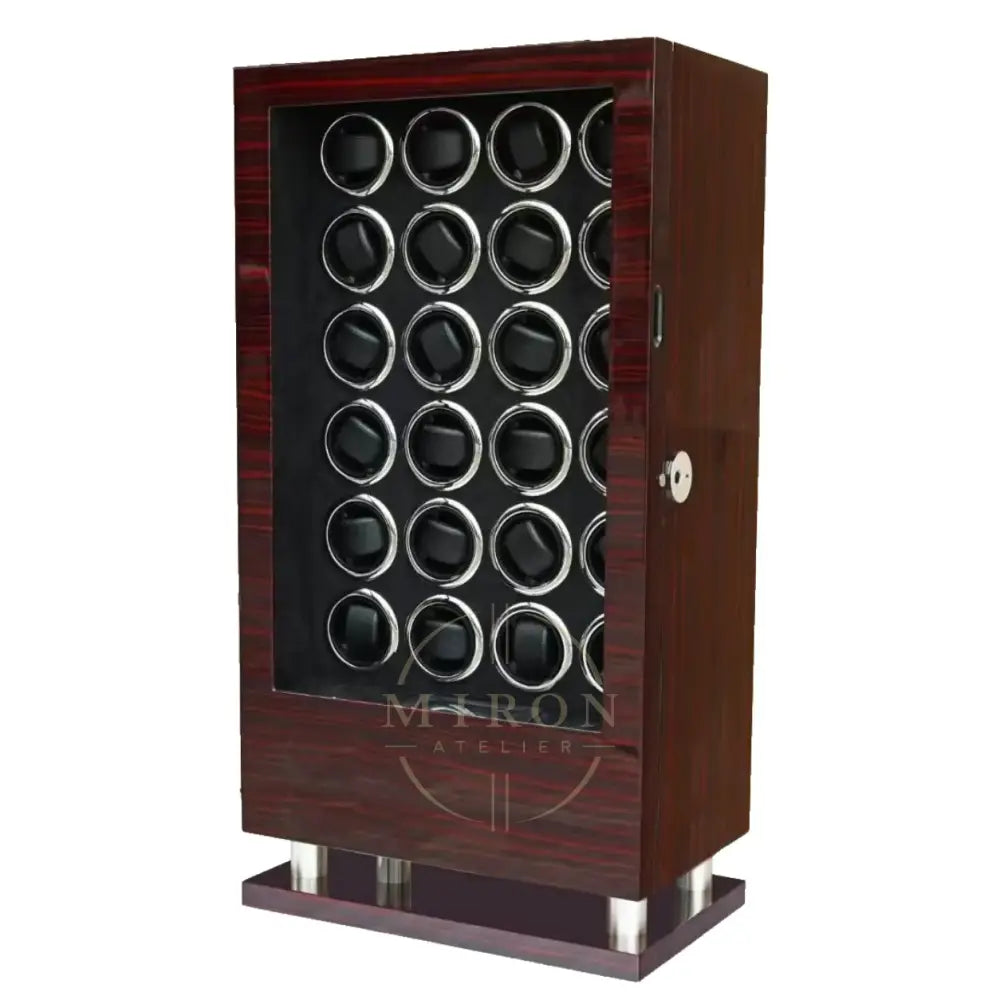 Wooden ebony watch winder with 24 watches on a white background