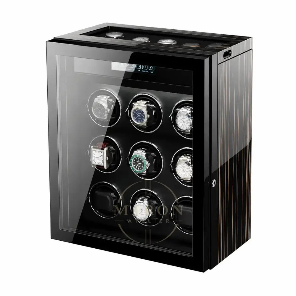 Watch winder with eight watches inside on a white background
