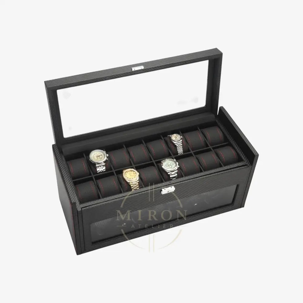 Black watch winder display case with multiple watches on a white background