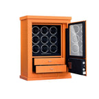 Leather watch winder with open door displaying watches on a white background