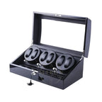 Black watch winder box with three rotating shelves on a white background