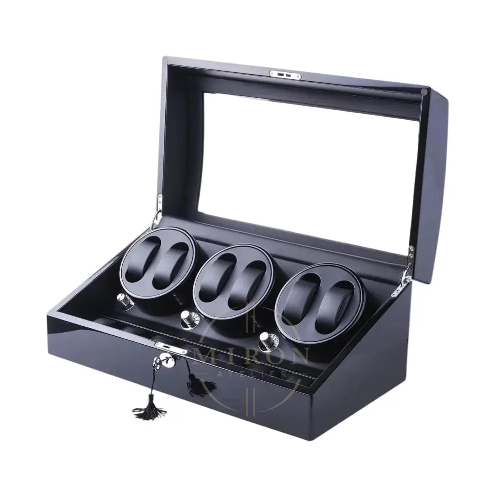 Black watch winder box with three rotating shelves on a white background