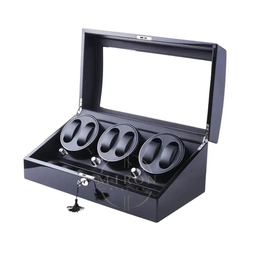 Black watch winder box with three rotating shelves on a white background