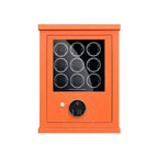 Orange finition watch winder with nine watches inside on a white background