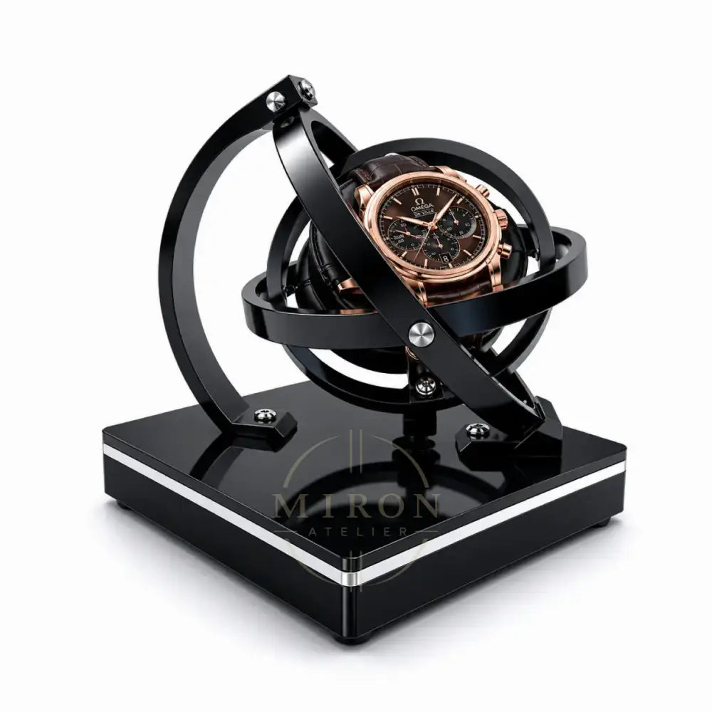 Omega Watch rotating on a black orbital watch winder. 
