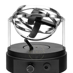 Black and silver magnetic levitation orb for watch winder on a white background