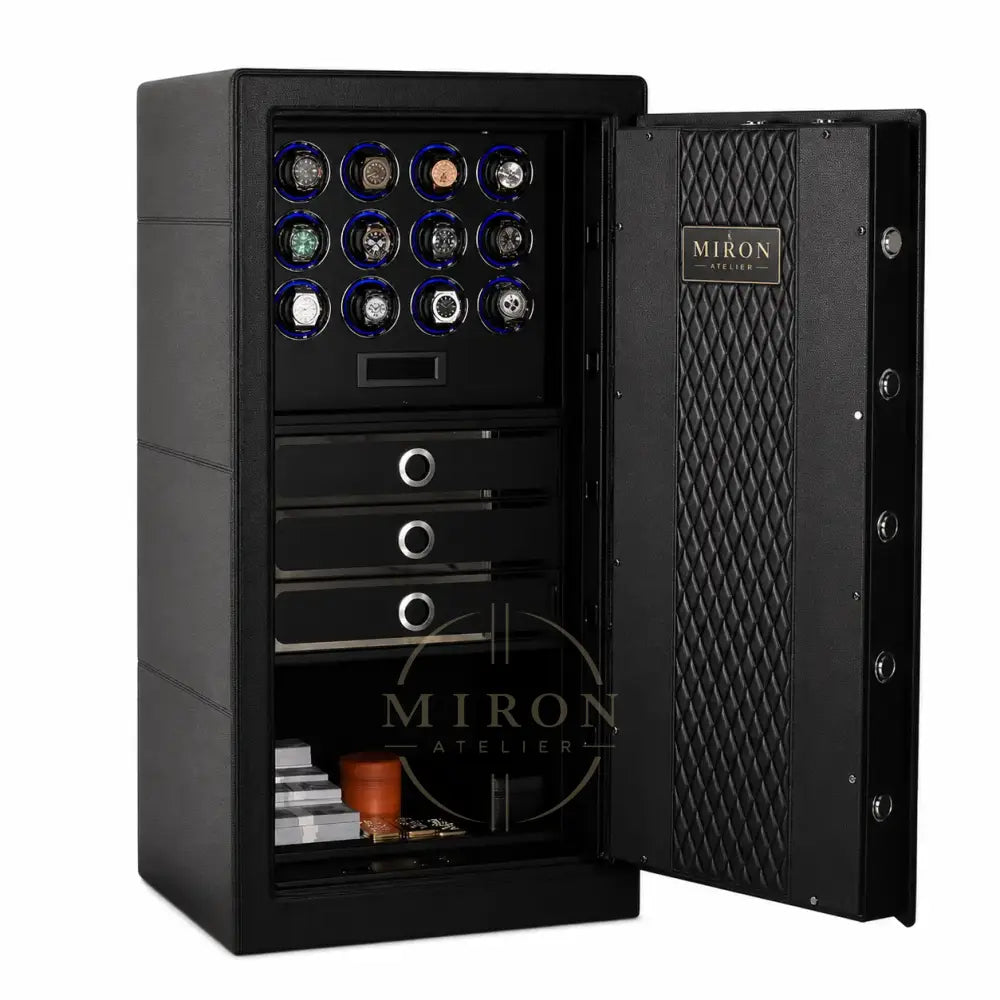 Black jewelry watches collection safe with open door displaying jewelry and MIRON logo.