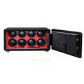 Black and red watch winder vault safe with open door on a white background