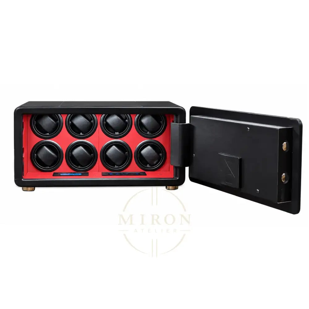 Black and red watch winder vault safe with open door on a white background