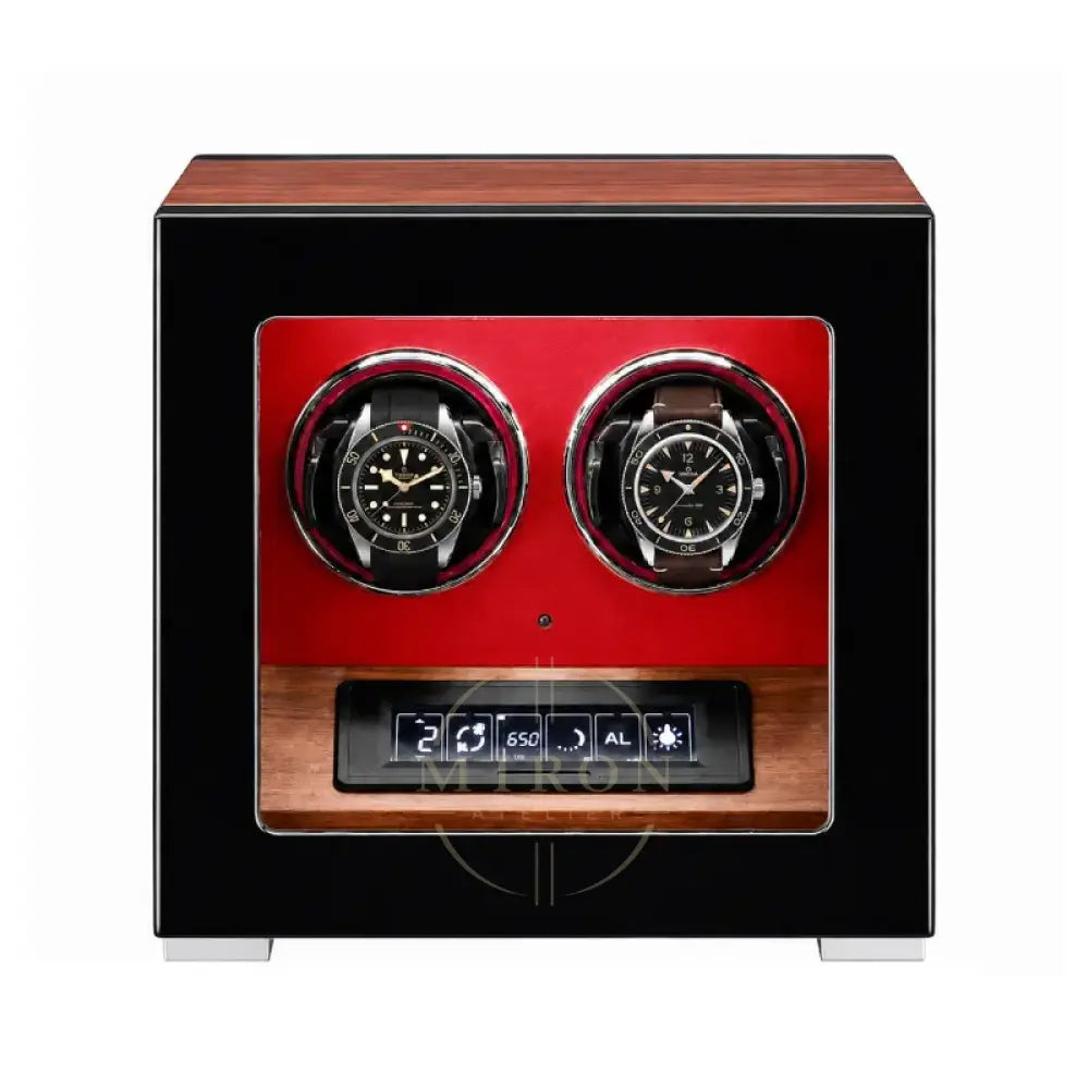 Double red watch winder with wooden accents
