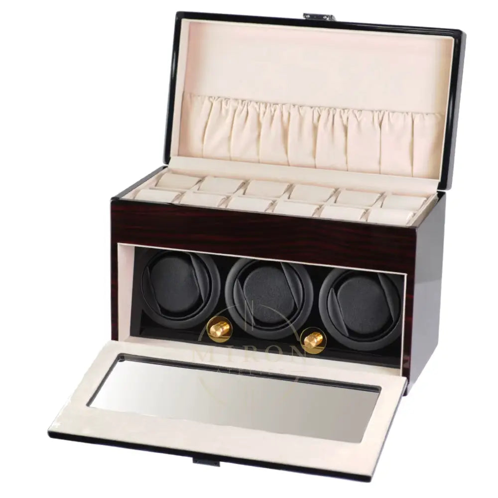 Wooden watch winder with three watches rotators inside, 12 watches compartment on top 
