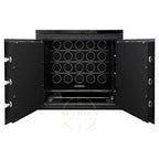 Black safe with open doors revealing a compartment for luxury watch collection