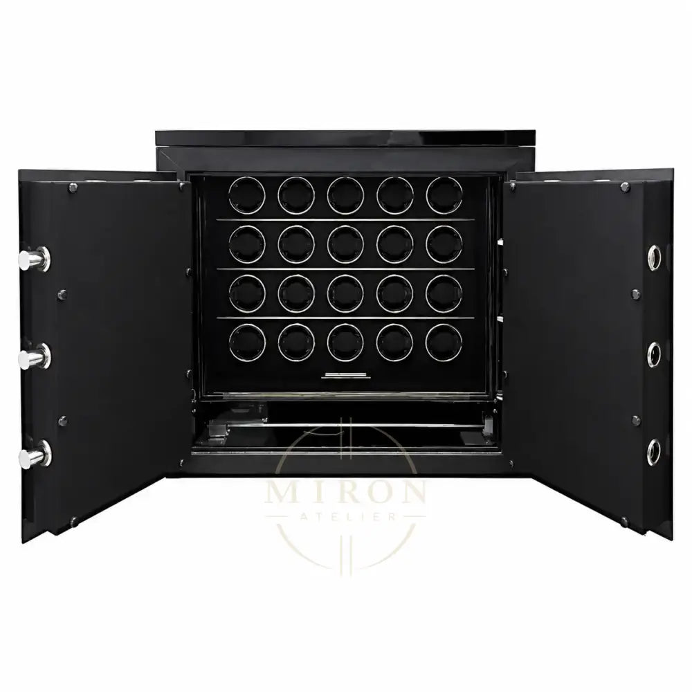 Black safe with open doors revealing a compartment for luxury watch collection