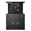 Black safe with open door revealing watch collection on a white background
