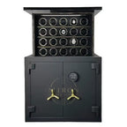 Black safe with open door revealing watch collection on a white background