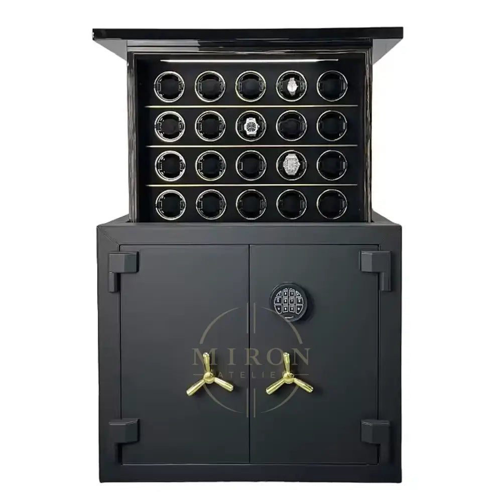 Black safe with open door revealing watch collection on a white background