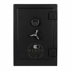 Black safe with digital and traditional lock mechanisms on a white background