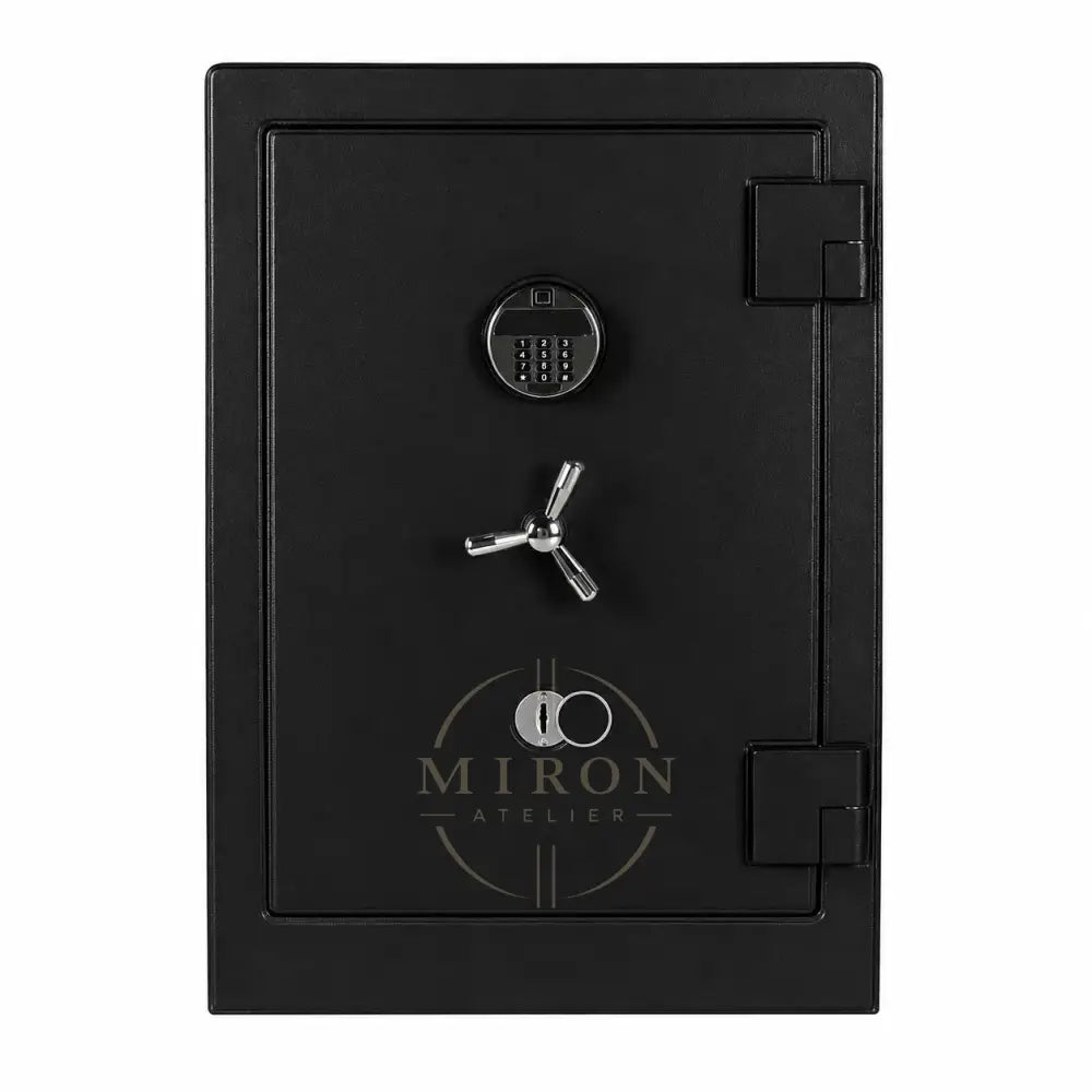 Black safe with digital and traditional lock mechanisms on a white background