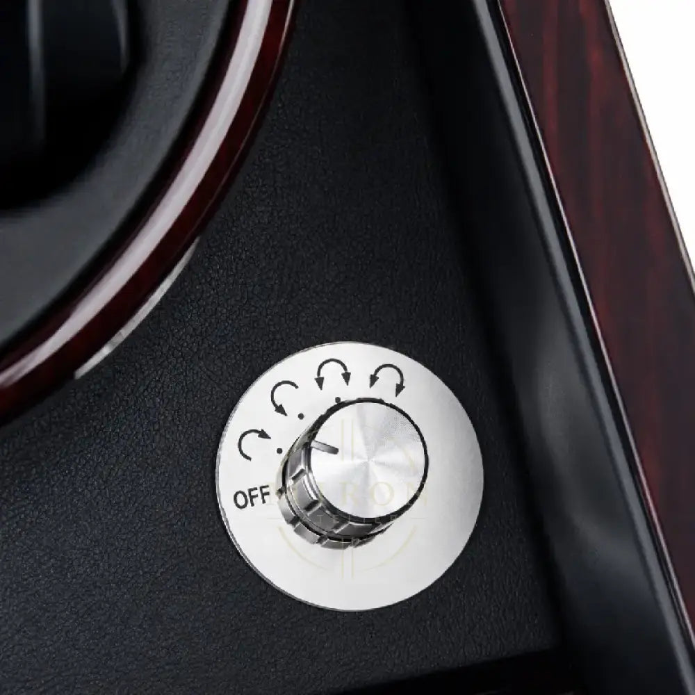 Control knob on a black watch winder device with 'OFF' label