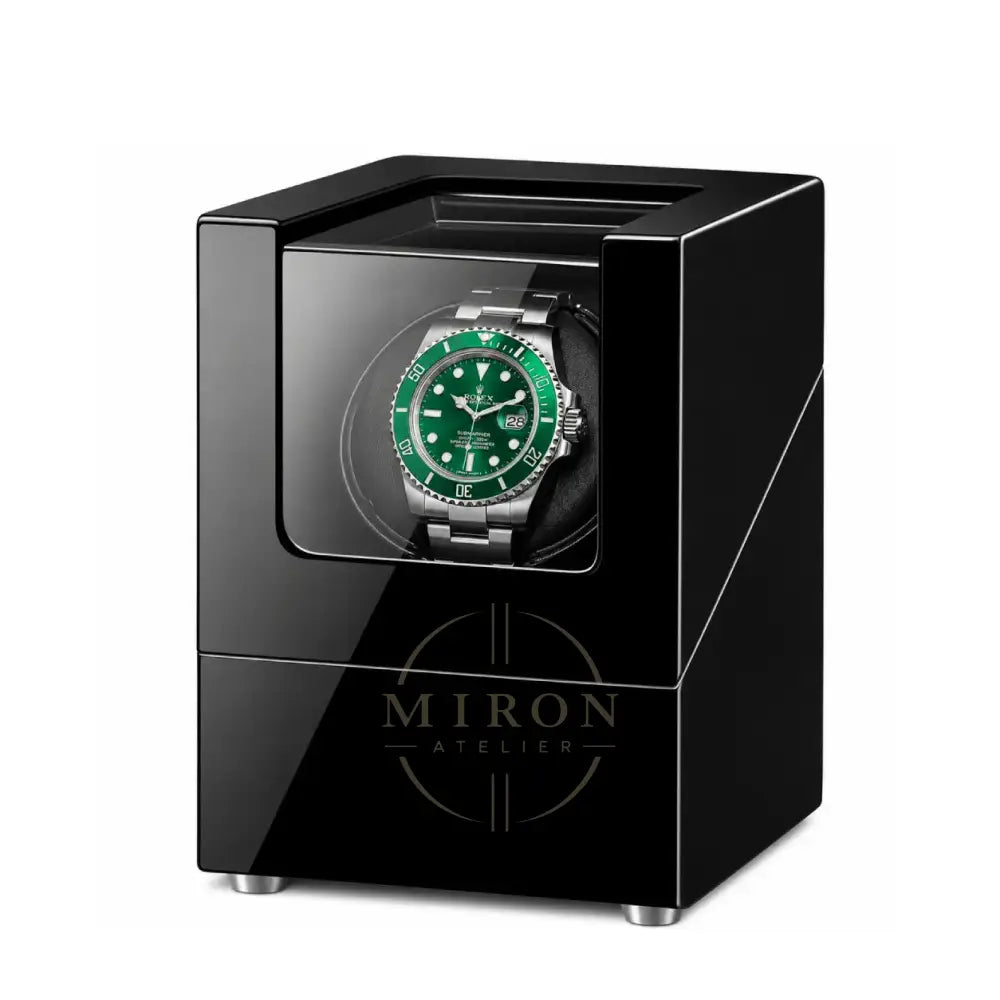 Black watch winder with a Rolex Hulk watch inside on a white background