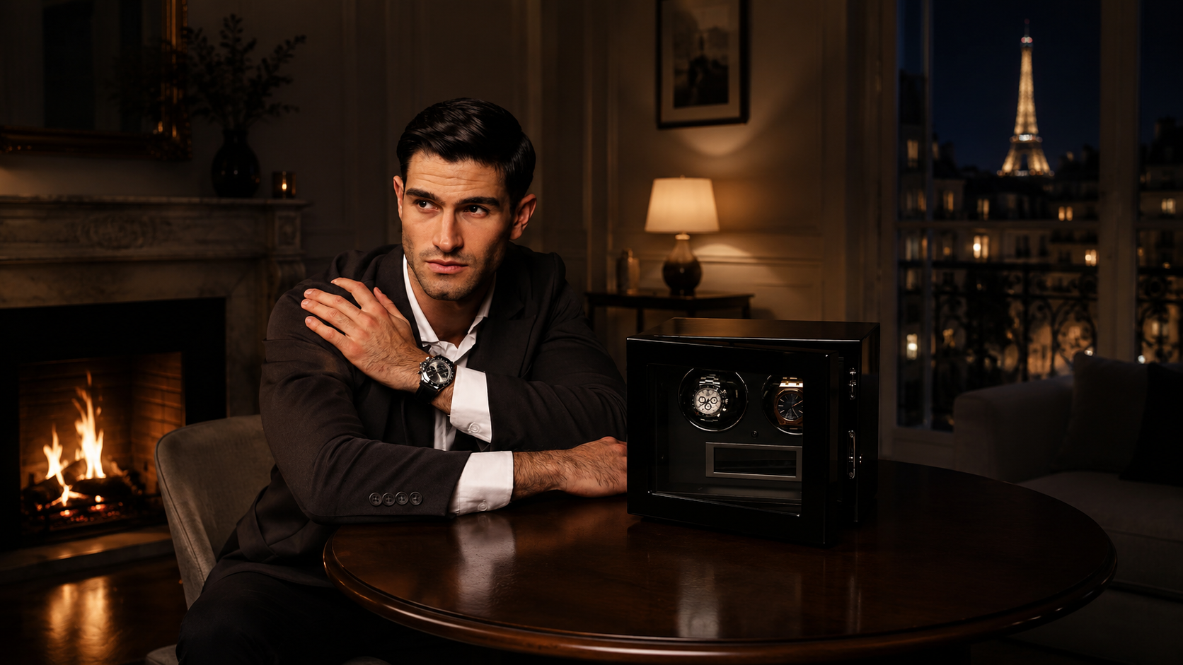 Man in a suit sitting at a table with a vintage watch winder, Eiffel Tower visible through window