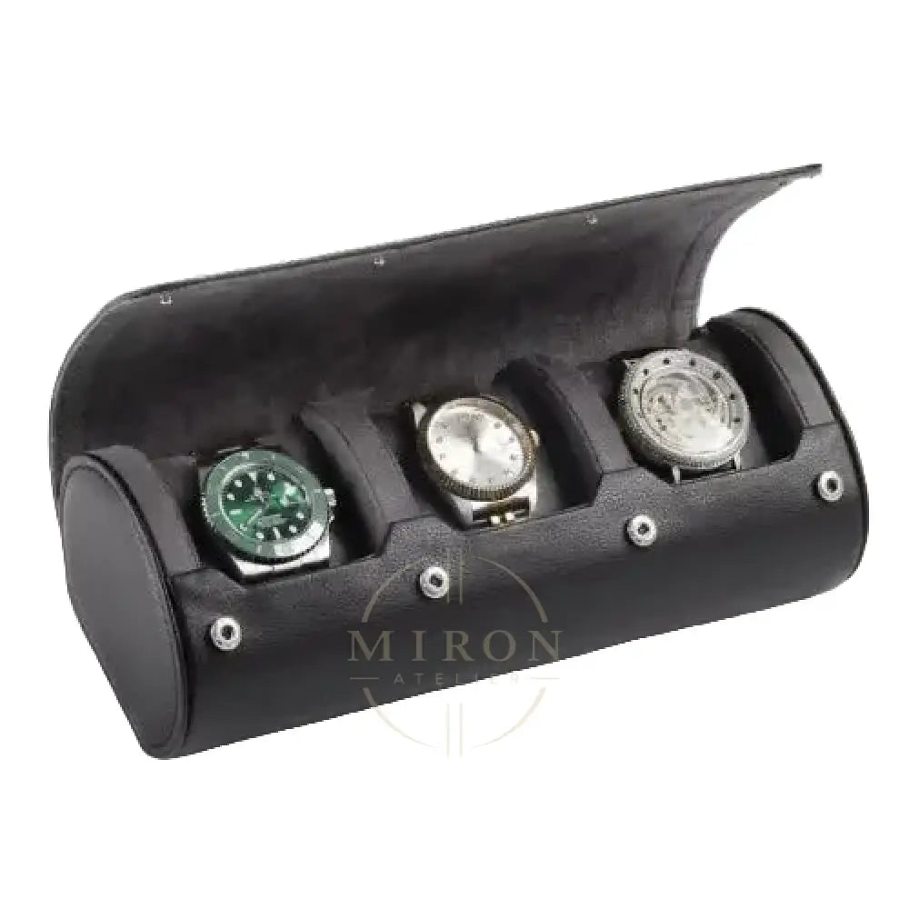 Black watch roll case with three watches on a white background
