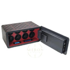 Black quilted watch winder with open lid on a white background